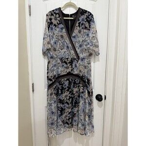 Maison Tara Sz 16 Beautiful Bell Sleeve Midi Dress Tea Garden Flirty Blue Black